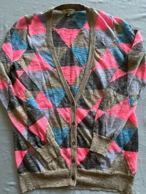 Madewell Argyle Cardigan Sweater Med Linen Blend Button Front Lightweight Knit